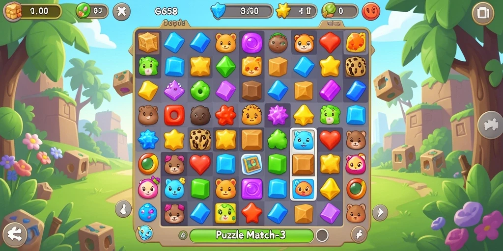 Antarmuka G668 yang menampilkan gameplay Puzzle Match-3 yang seru.