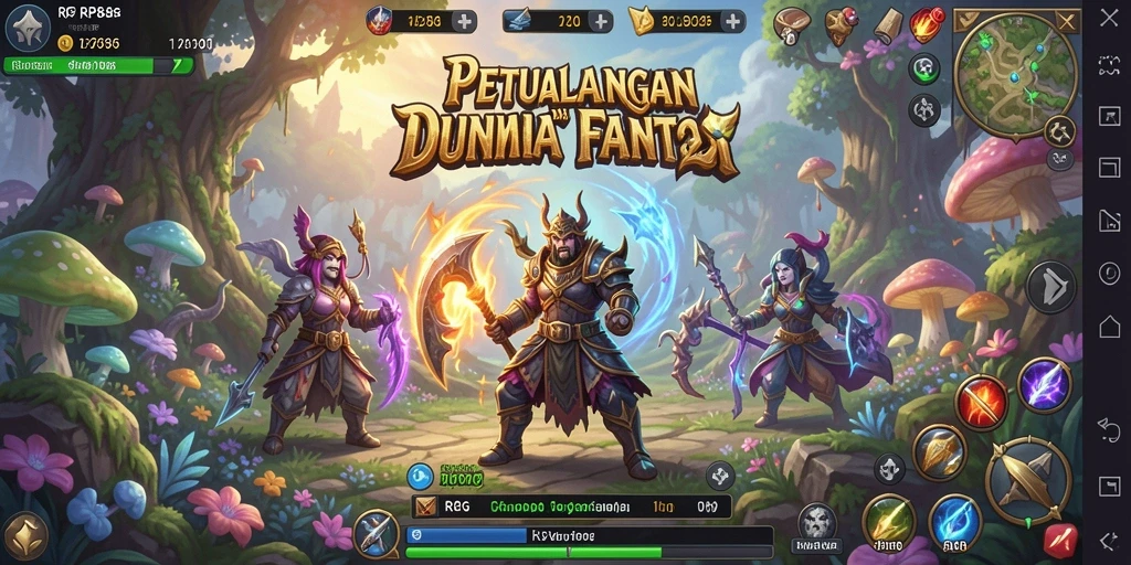 Tampilan antarmuka RPG yang menarik dan penuh warna.